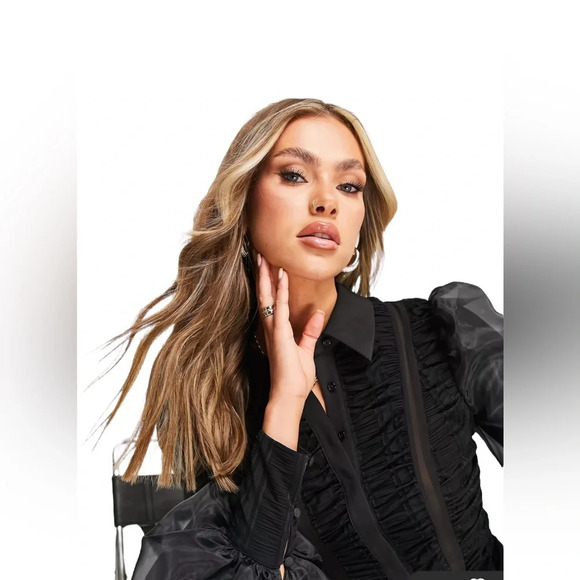 ASOS LUXE ruched chiffon shirt in black size 4 - Picture 2 of 10